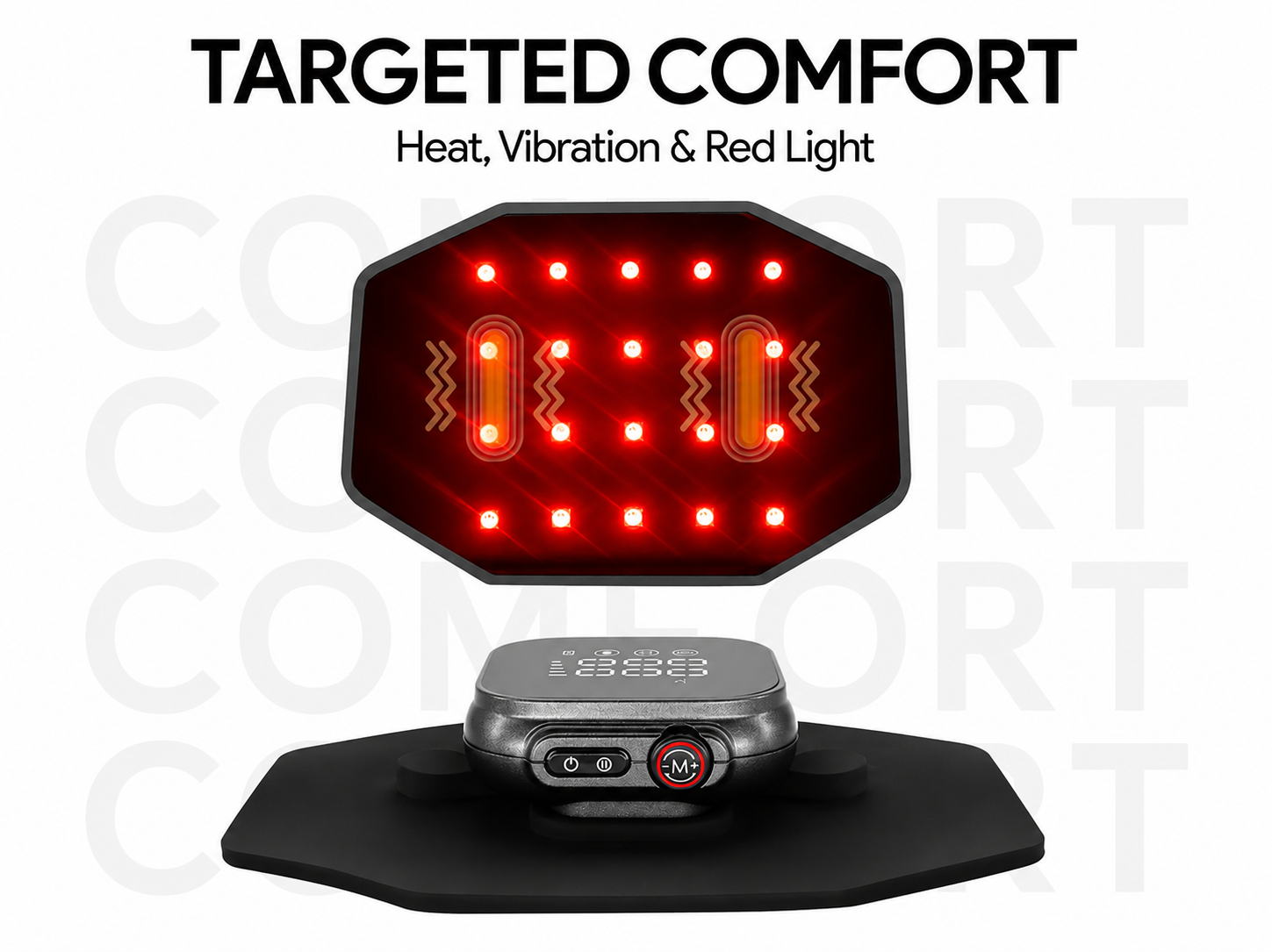 Close-up of the InfraHeat patch showing red light and vibration