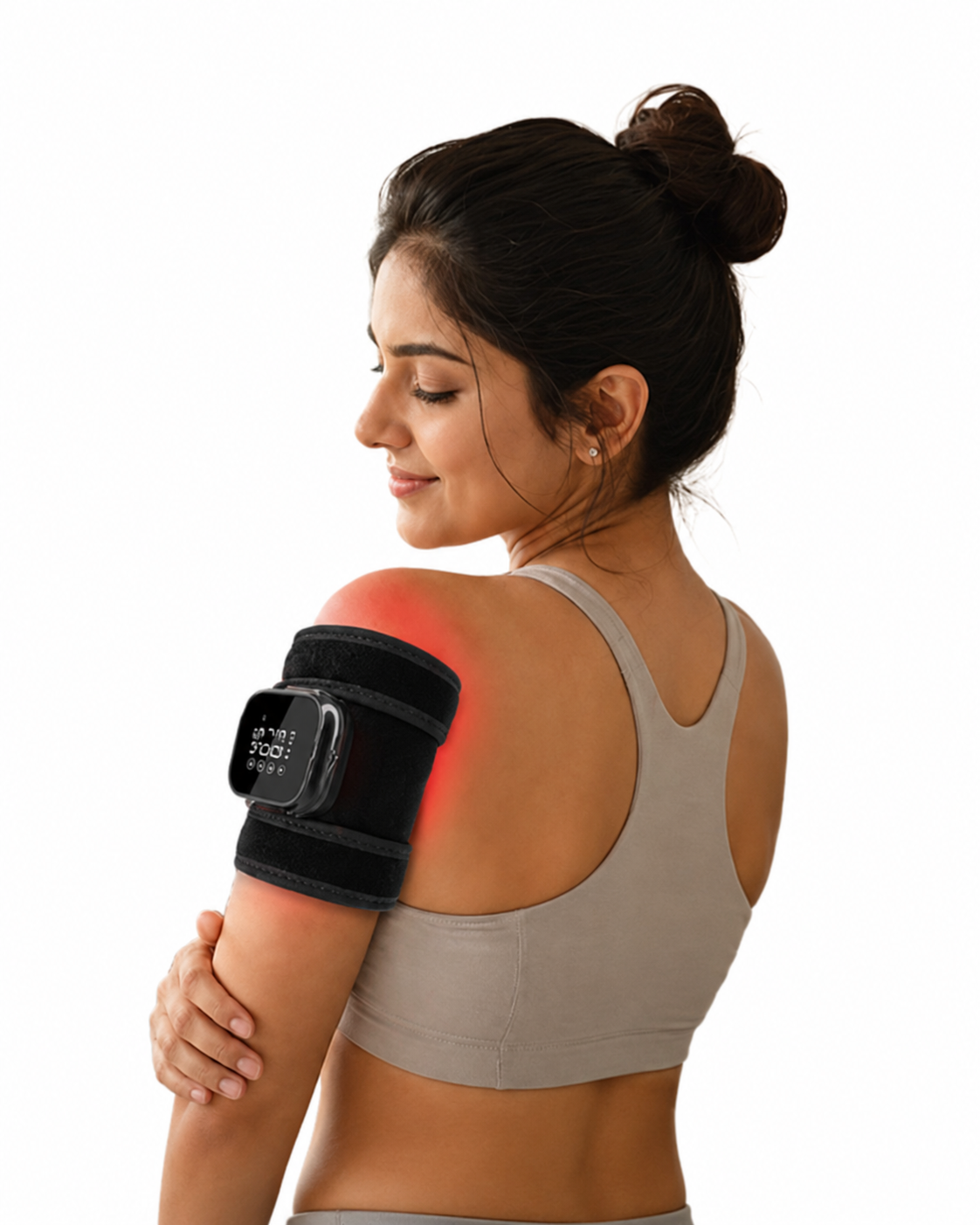 A woman uses the InfraHeat patch on her shoulder